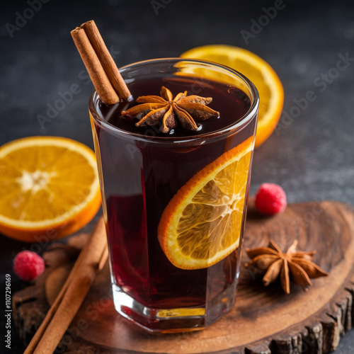 Mulled wine with orange, apple, pomegranate and cinnamon in glasses Ai generation