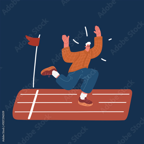 Cartoon vector illustration of a man running with excitement and high energy towards a goal