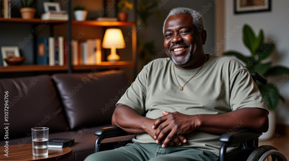 Warm Smile From a Black Man in a Wheelchair in a Cozy Living Room Warm Smile From a Black Man in a Wheelchair in a Cozy Living Room