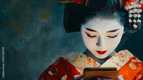 Portrait of a young Japanese geisha using a mobile phone. Representation of the adaptation of technology to the most traditional in Japan.