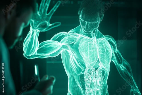 A glowing 3D holographic male body anatomy projection, showcasing muscular system details, futuristic medical visualization, healthcare innovation, digital interface, dark background, copy space, sele photo