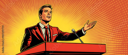 Confident Businessman Giving Powerful Speech at Podium