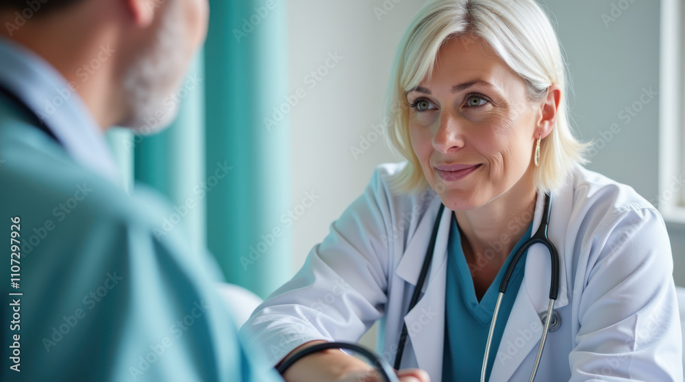 Doctor in White Coat Examines Male Patient With Stethoscope in Clinic Doctor in White Coat Examines Male Patient With Stethoscope in Clinic