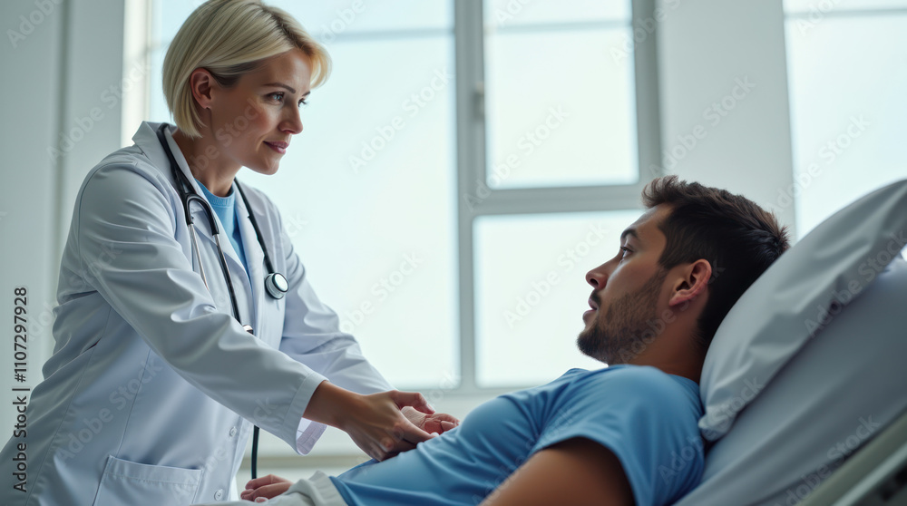 Obraz premium Doctor Examines Male Patient With Stethoscope in a Modern Clinic Setting