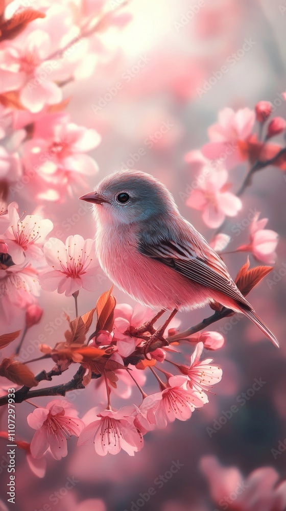 This serene image captures a songbird among delicate cherry blossoms, where vibrant colors and light pastel hues evoke a sense of peace and natural beauty This serene image captures a songbird among delicate cherry blossoms, where vibrant colors and light pastel hues evoke a sense of peace and natural beauty