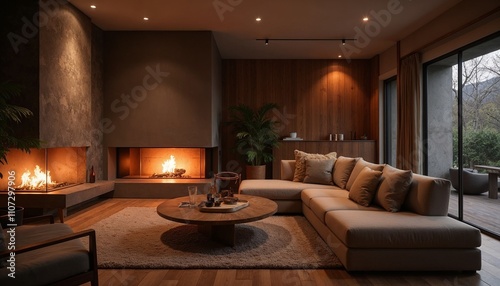 Cozy modern living room with fireplace and sofa for elegant home interior design