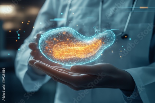 Doctor holding a glowing holographic stomach projection, symbolizing advanced gastroenterology diagnostics, futuristic medical technology, innovative healthcare tools, blue glowing interface, copy spa