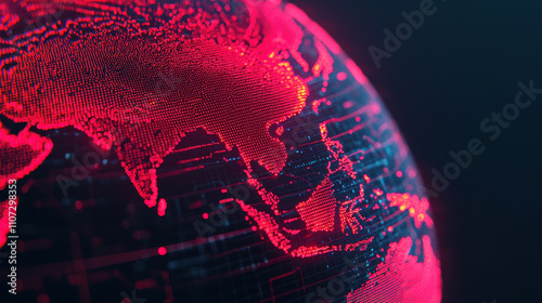 Digital globe visualization with red highlights and data patterns