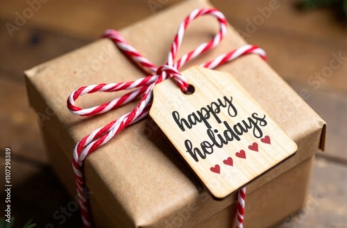 Rustic holiday gift wrapped in kraft paper, tied with red and white twine, and adorned with a wooden "Happy Holidays" tag decorated with red hearts, placed on a wooden surface. defocus