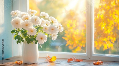 White Daisy Bouquet in Sunlit Window with Autumn Leaves