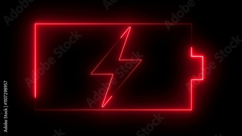 Lightning blinking bolt symbol Neon glowing battery charging icon with mobile concept. Neon battery icon Red color Battery Status Sign with black background.  Neon mobile charging icon