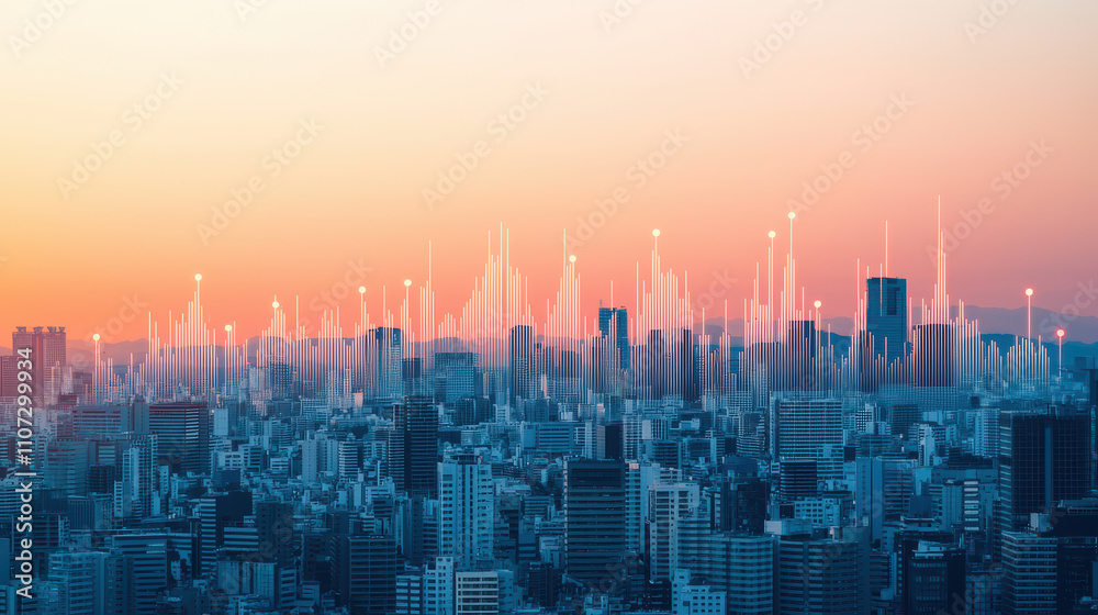 vibrant skyline at sunset with energy data overlay, showcasing innovation vibrant skyline at sunset with energy data overlay, showcasing innovation