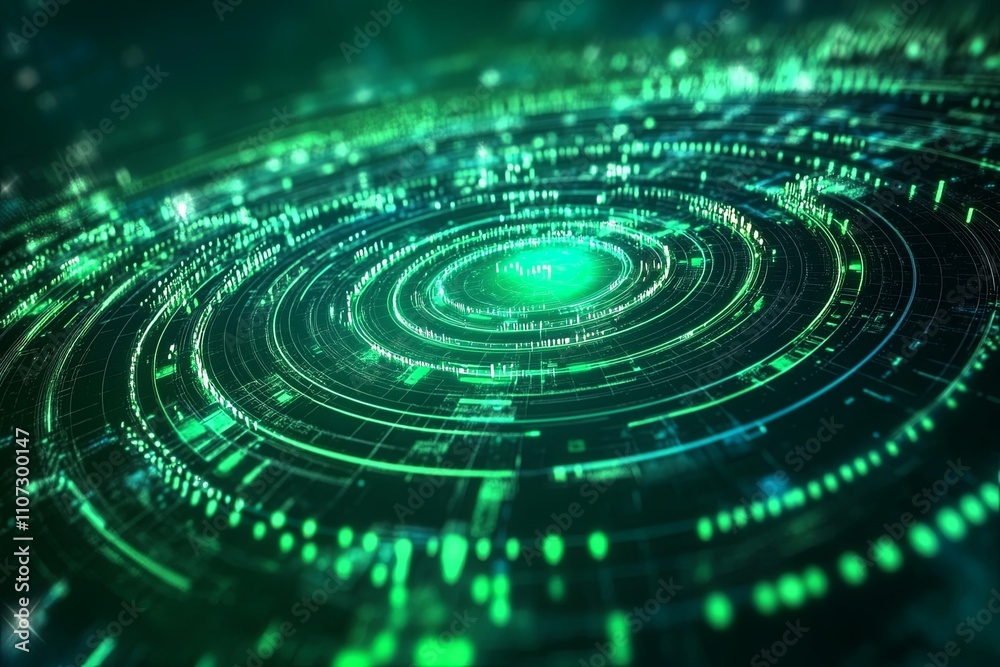 Digital spiral pattern with glowing green circles creating a futuristic atmosphere in a virtual landscape. Generative AI Digital spiral pattern with glowing green circles creating a futuristic atmosphere in a virtual landscape. Generative AI