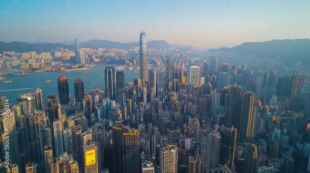 Fototapeta premium Panoramic aerial view of a vibrant city skyline at sunrise, featuring numerous skyscrapers, buildings, and a harbor.