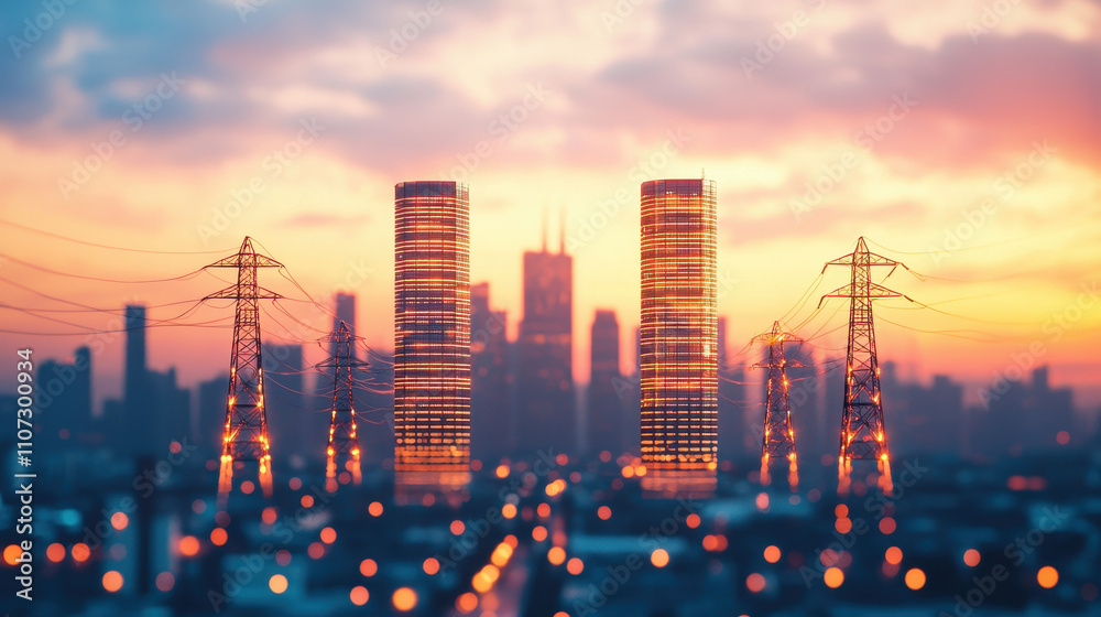Fototapeta premium vibrant city skyline with electricity towers at sunset