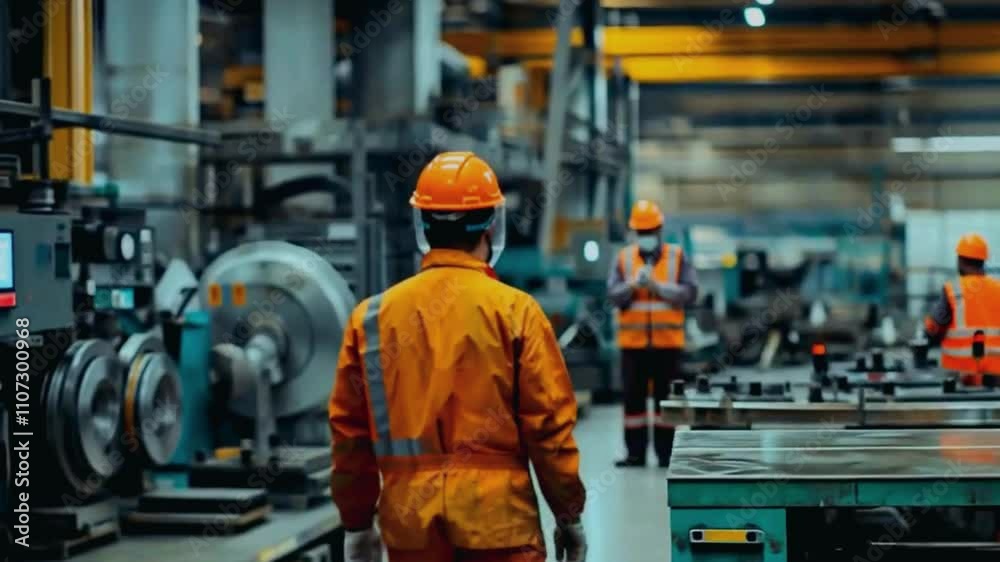 a person in an industrial setting. The individual is wearing a safety helmet, ear protection, and an orange high-visibility jacket with reflective stripes. The person is facing away from the camera, l a person in an industrial setting. The individual is wearing a safety helmet, ear protection, and an orange high-visibility jacket with reflective stripes. The person is facing away from the camera, l