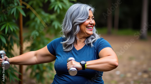 Latina Woman With Gray Hair Enjoys Exercising Outdoors With Dumbbells
