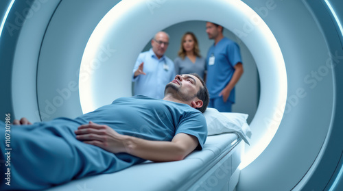Patient Undergoing MRI Scan With Medical Staff in the Background at Hospital