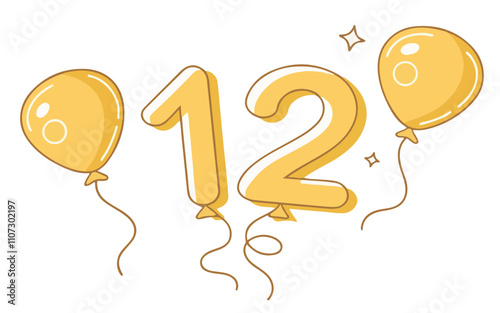 Golden Helium Inflatable Balloons Shaped as the Number 12 on White Background