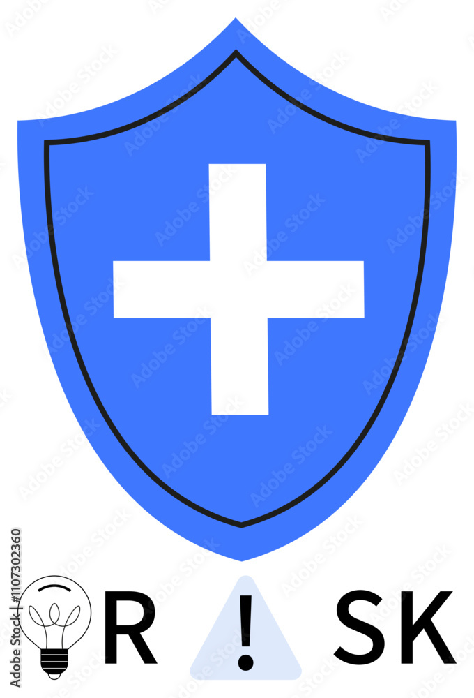 Fototapeta premium Blue shield with white cross, placed between a light bulb and a warning sign to form the word Risk. Ideal for security, healthcare, innovation, caution, safety, alertness risk management. Line