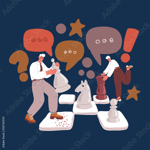 Cartoon vector illustration of business people playing chess, symbolizing strategy, intellect, and competition