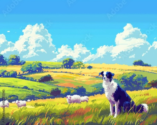 Pixelated Pastoral: A charming pixel art scene depicting a picturesque landscape with a fluffy white border collie perched on a grassy hill.