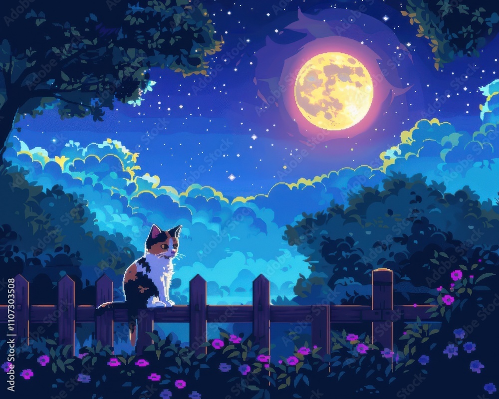 Moonlit Whispers: A calico cat sits perched on a wooden fence, gazing dreamily at a luminous full moon hanging high in a star-dusted sky. The soft glow of the moon casts an enchanting spell. Moonlit Whispers: A calico cat sits perched on a wooden fence, gazing dreamily at a luminous full moon hanging high in a star-dusted sky. The soft glow of the moon casts an enchanting spell.