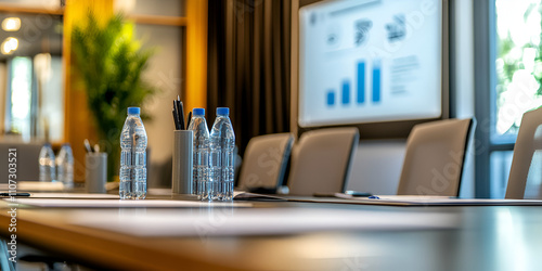 Boardroom Setup with Bottled Water and Presentation Screen