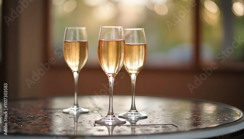 Three champagne glasses, elegant mood, celebration, soft sunlight background in cozy setting 