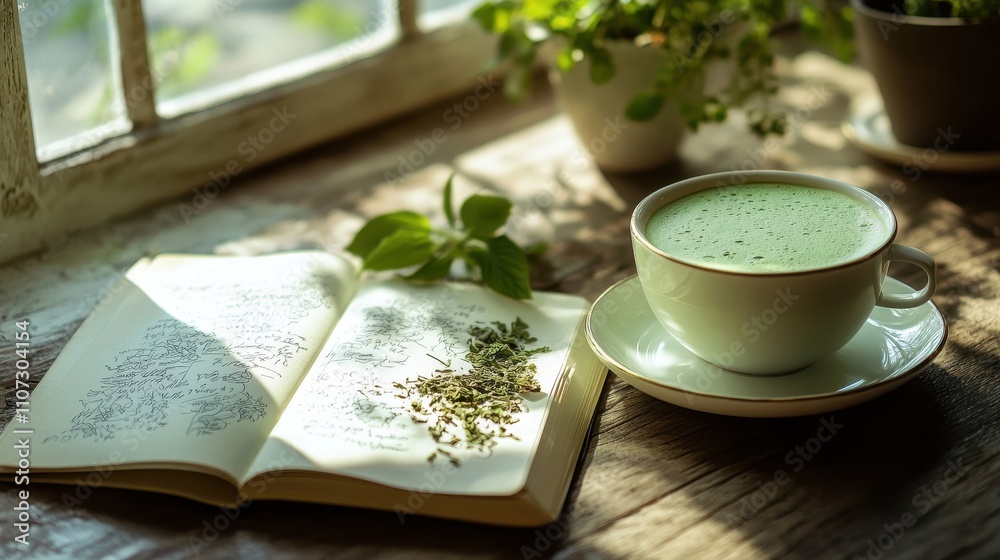Serene Matcha Tea Moment with Natural Elements Serene Matcha Tea Moment with Natural Elements
