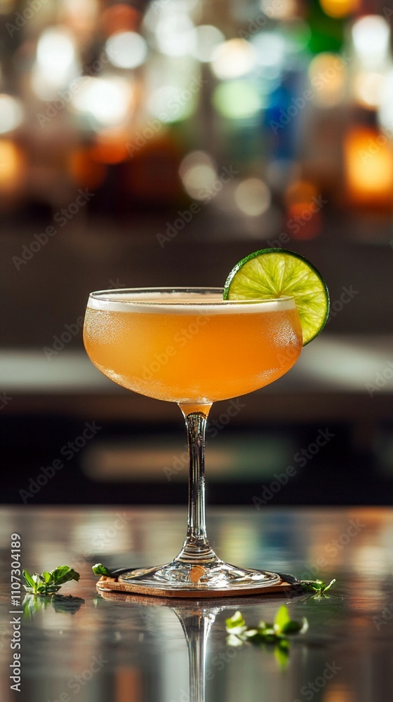 Refreshing daiquiri cocktail with lime garnish on a sleek bar counter, vibrant colors and blurred bottles in background create inviting ambiance for happy hour. Refreshing daiquiri cocktail with lime garnish on a sleek bar counter, vibrant colors and blurred bottles in background create inviting ambiance for happy hour.