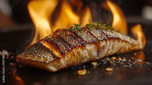 Closeup of a delicious grilled fish fillet seared to perfection, garnished with thyme sizzling on a hot pan with flames in the background A gourmet culinary experience photo