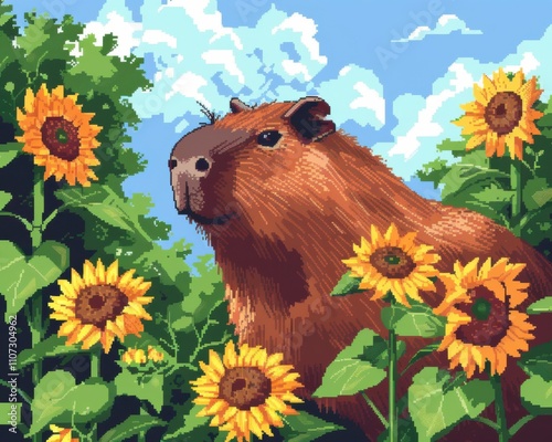 Capybara in Sunflower Field: A friendly capybara, the world's largest rodent,  enjoys the warm sunshine amidst a field of vibrant sunflowers. The gentle giant, known for its docile nature.