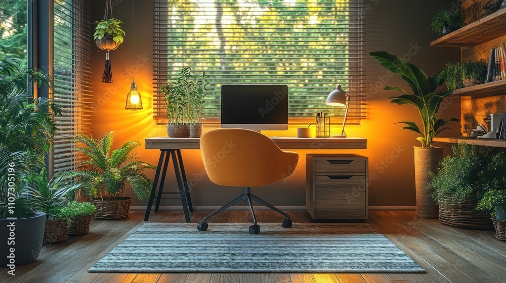 Fototapeta premium Cozy home office with plants, warm lighting, and a stylish desk setup.