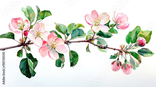 Branch of blossoming apple tree with pink flowers. Watercolor. Spring concept.