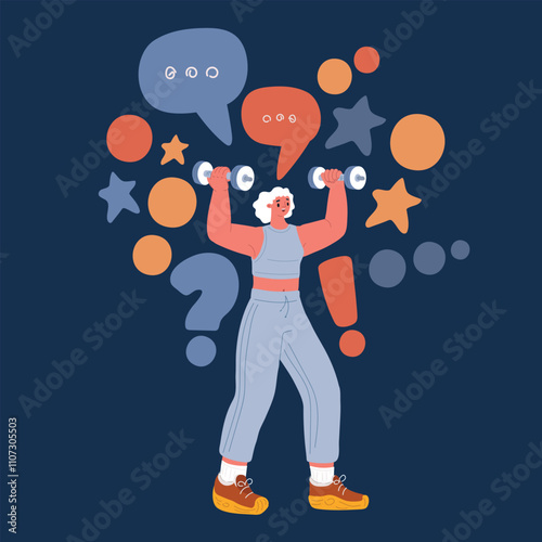 Cartoon vector illustration of a woman warming up with dumbbells, promoting fitness, strength, and wellness