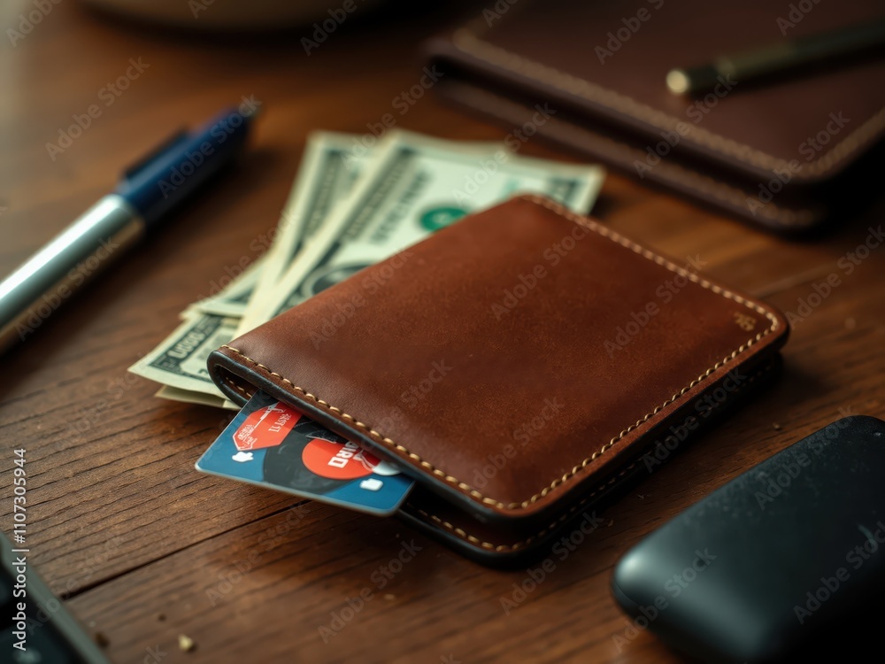 Brown leather wallet holding credit card and cash on wooden desk Brown leather wallet holding credit card and cash on wooden desk