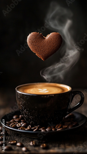 A steaming cup of coffee with heart-shaped steam and scattered beans, symbolizing love for the aroma of freshly brewed coffee. photo