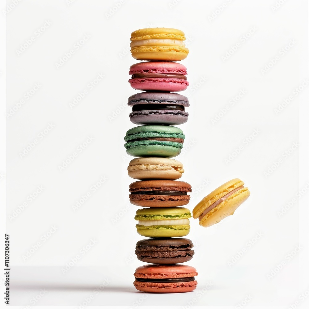 A colorful stack of macarons showcases a variety of flavors and textures, with one macaron artistically suspended in mid-air. A colorful stack of macarons showcases a variety of flavors and textures, with one macaron artistically suspended in mid-air.