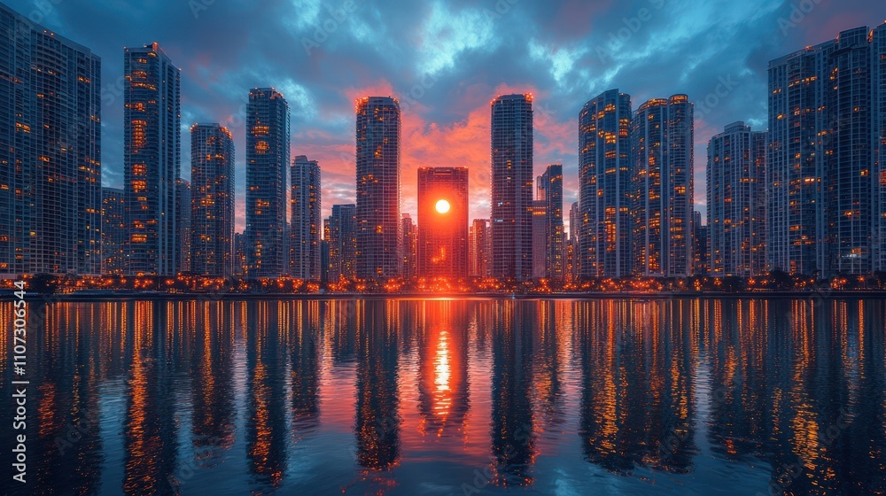 Fototapeta premium Stunning sunset over city skyline reflected in calm water.