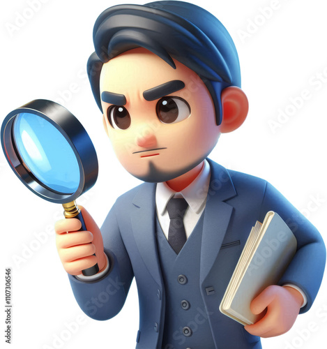 3d Illustration of a Detective Holding a Magnifying Glass and a Notebook, Isolated on Transparent and White Background