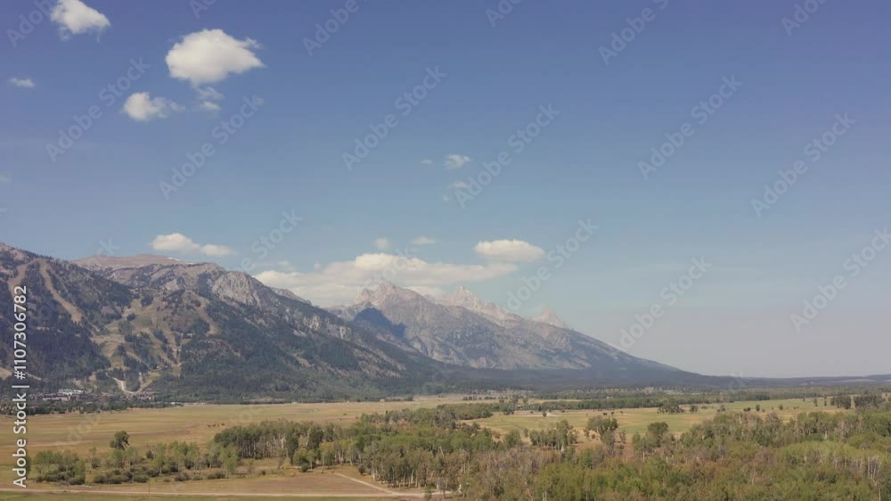 Snake River Ranch Aerial drone shot of the Grand Tetons from Snake River Ranch in Jackson ...