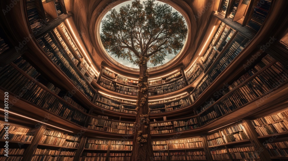 Obraz premium Circular library with tree, bookshelves, and skylight.