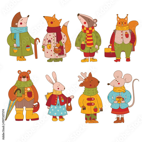 Cute dressed up fairy tale forest animals cgaracters colorful cute vector set