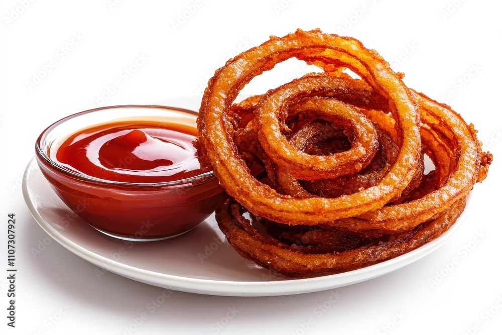 Fototapeta premium Delicious and Crispy Onion Rings Served with Tangy Ketchup on a White Plate