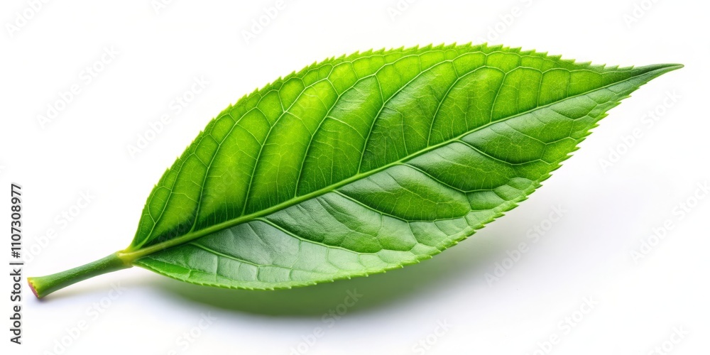 Obraz premium Isolated Green Tea Leaf on White Background for Minimalist Photography, Perfect for Health and Wellness Themes, Organic Products, Tea Lovers, and Culinary Use