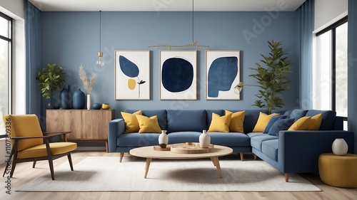 Living room designed in Japandi style, a combination of Scandinavian and Japanese design. The light peach colors of the furniture blend in a subdued way with the