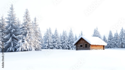 Snowy landscape featuring a wooden cabin amidst tall, frosted trees.