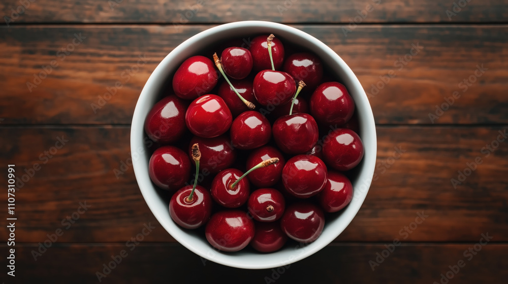 Top view of a white bowl filled with fresh, shiny red cherries on a wooden table surface.