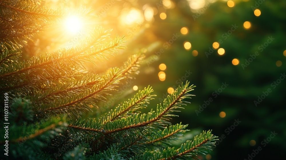 Sun shining through pine branches with bokeh lights. Sun shining through pine branches with bokeh lights.